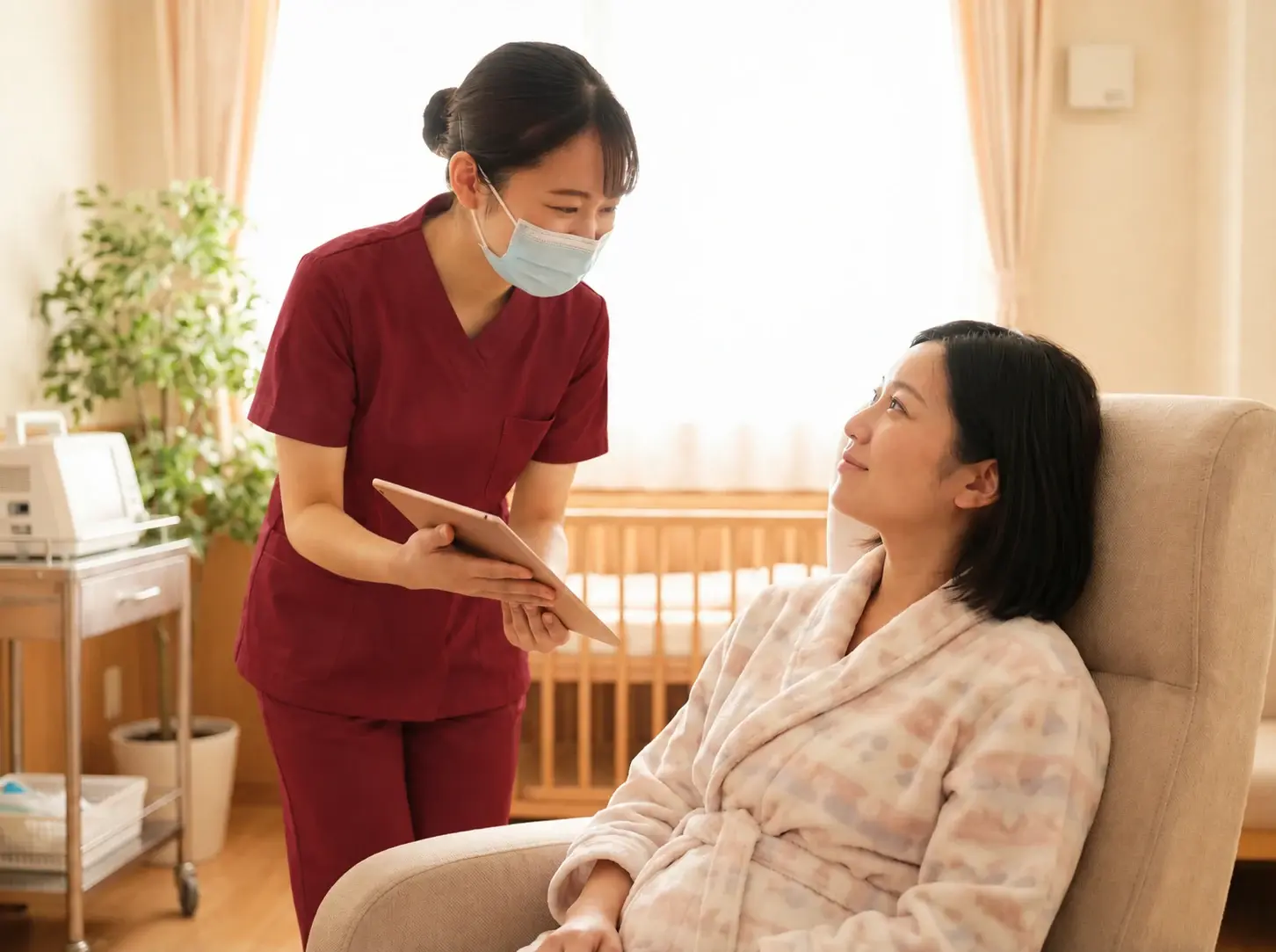護理師與媽媽在房內安心對話