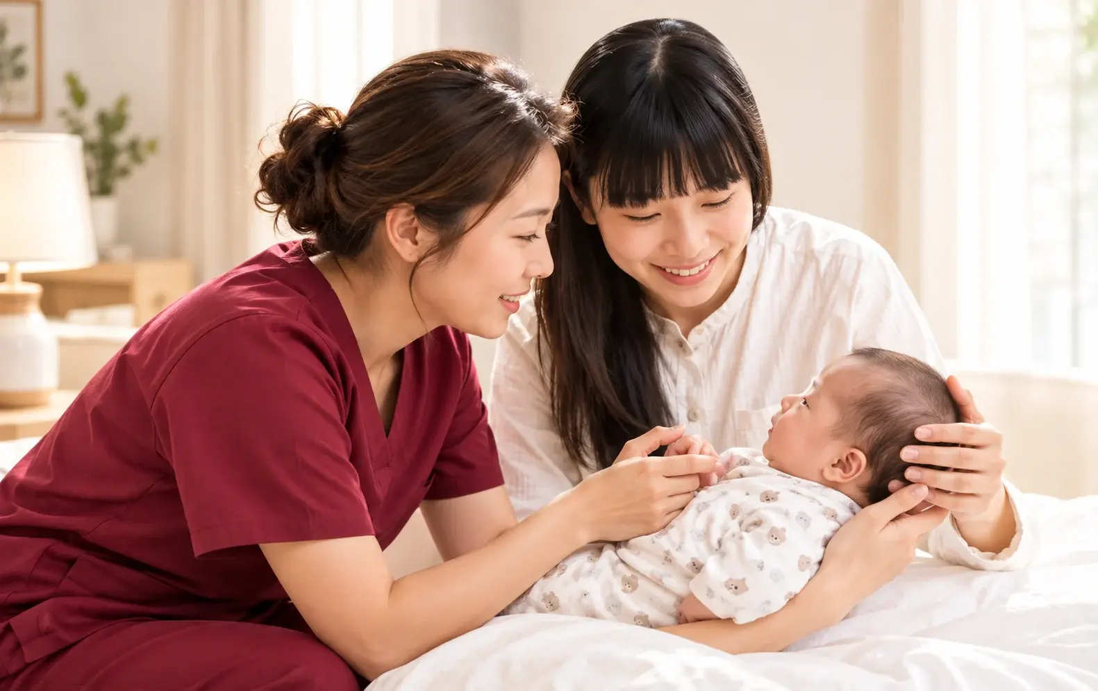 護理師與媽媽一同照顧新生兒